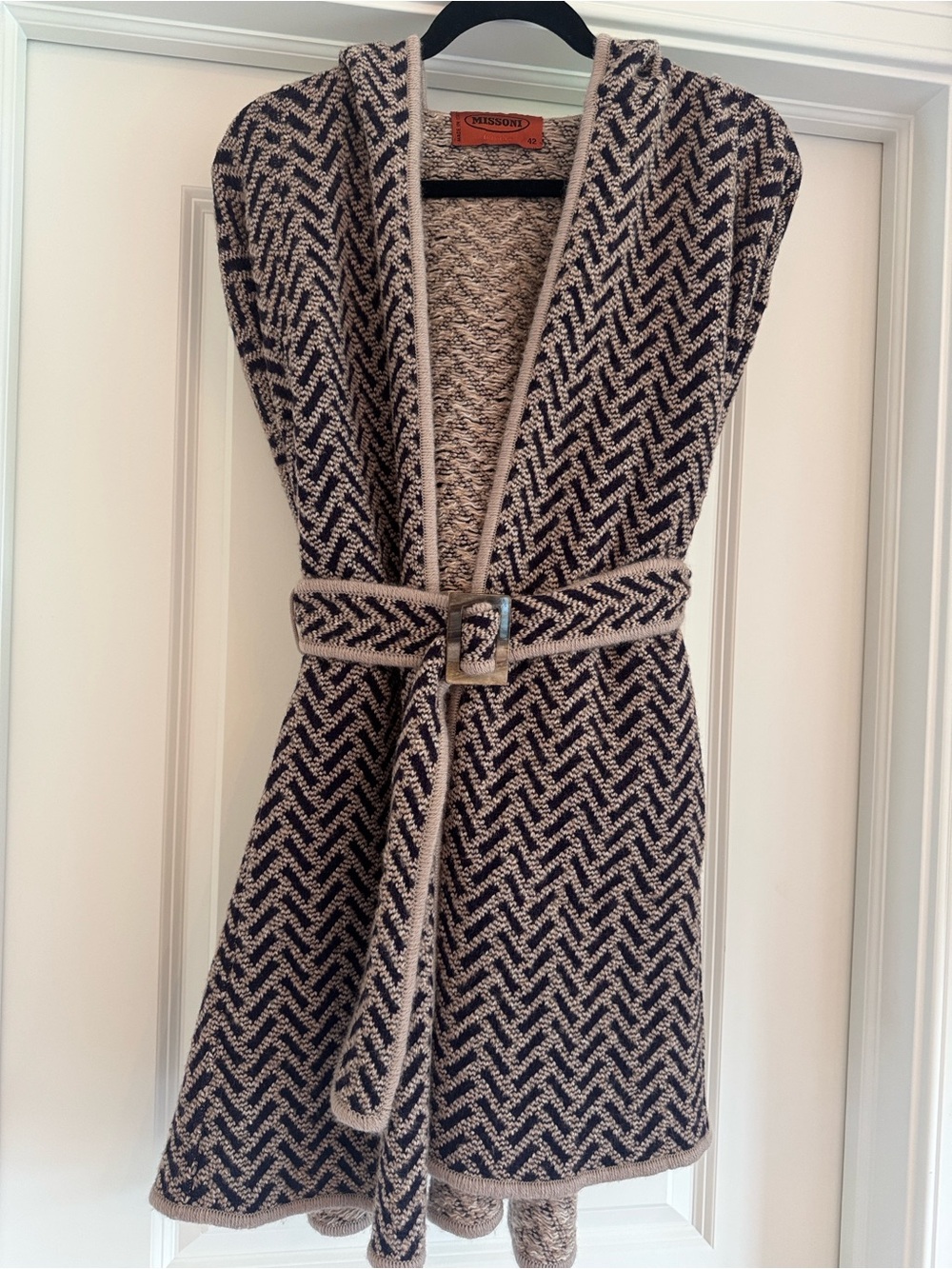 Missoni Belted Signature Knit Hooded Poncho in Beige and Black